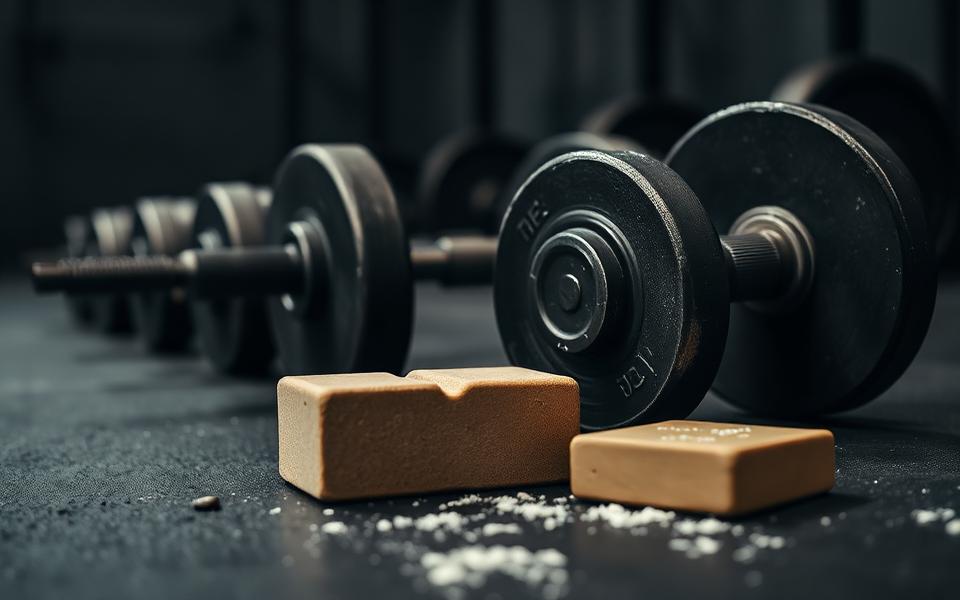 Iron dumbbells and gym chalk on a dark rubber gym floor